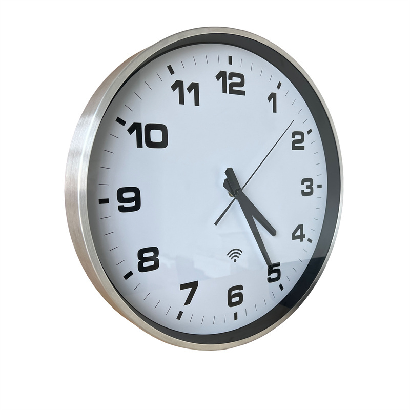 15インチ大型シルバーアルミニウムラウンドNTP壁掛けWiFiアナログ時計、WiFi対応時計